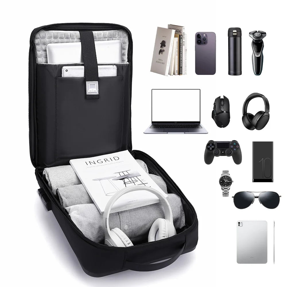 A black expandable laptop backpack shown open, packed with a tablet, book, phone, headphones, and other accessories, with additional compatible devices displayed around it on a white background.