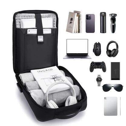 A black expandable laptop backpack shown open, packed with a tablet, book, phone, headphones, and other accessories, with additional compatible devices displayed around it on a white background.