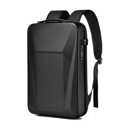 A black geometric laptop backpack with a built-in digital lock on the side zipper, shown on a plain white background.