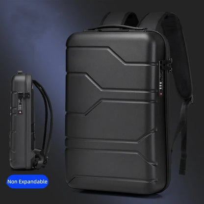 A black hard-shell laptop backpack shown from the front and side, with a small blue label reading 'Non Expandable' in the lower left corner. The backpack features a rugged, geometric panel design and padded shoulder straps, set against a dark blue gradient background.
