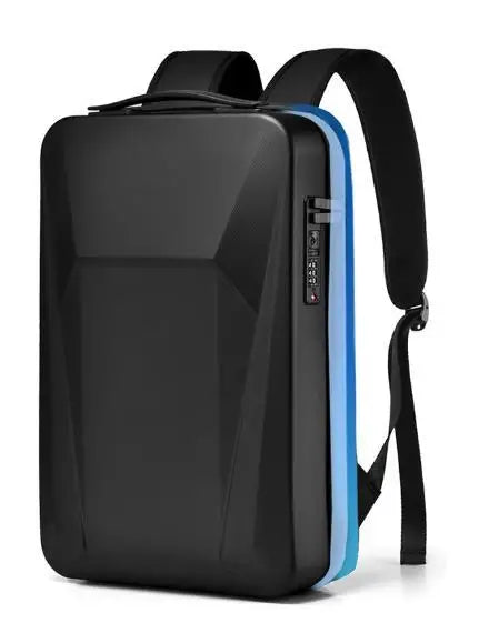 A black laptop backpack with a geometric design, featuring a light blue accent stripe along the side and a black combination lock on the front.