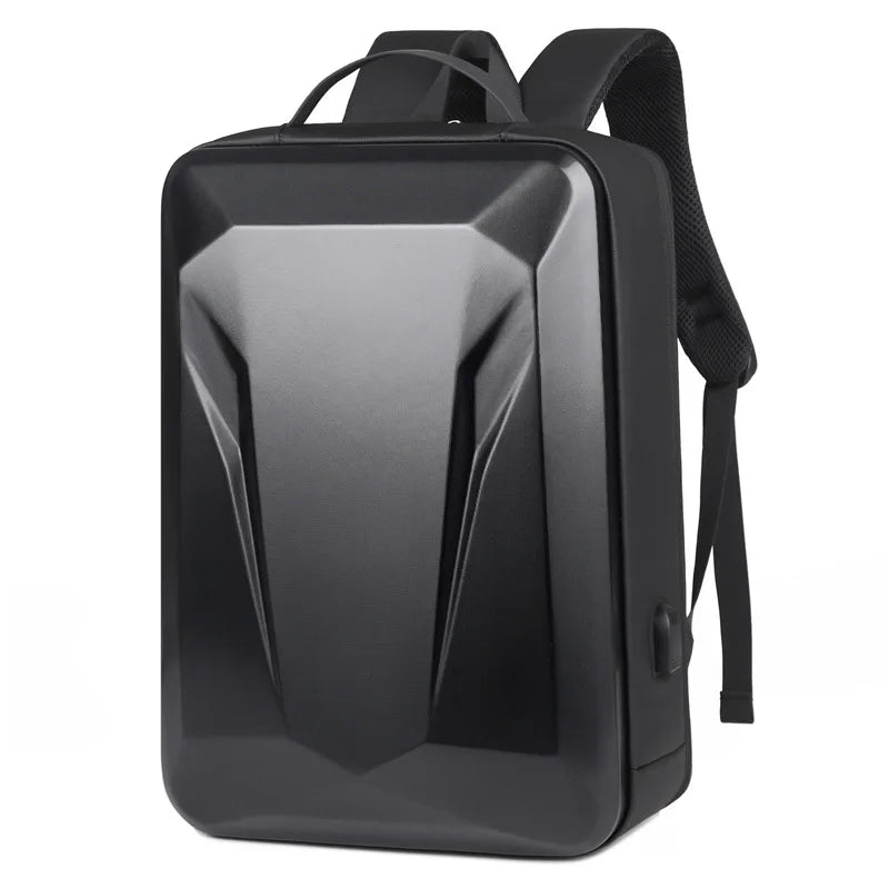 A black structured backpack with a glossy, geometric, angular front panel and black shoulder straps, shown on a plain white background.