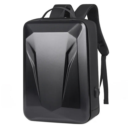 A black structured backpack with a glossy, geometric, angular front panel and black shoulder straps, shown on a plain white background.
