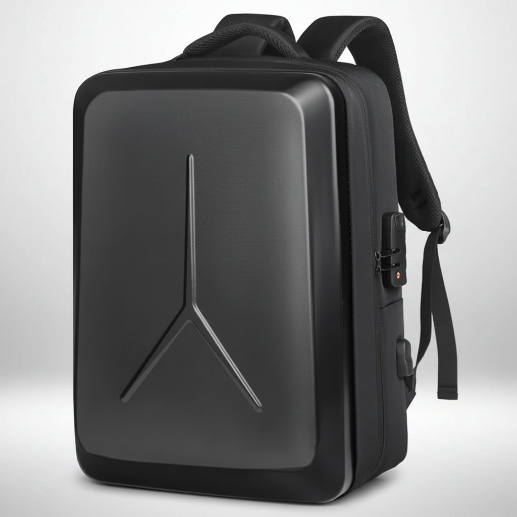 A black tactical backpack with a Y-shaped embossed logo on the front, shown with a side USB charging port connected to a smartphone displaying a battery icon.