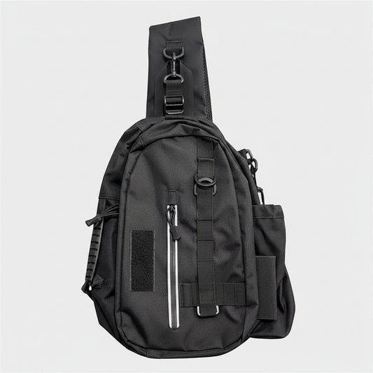A black tactical sling backpack with multiple zippered pockets and adjustable straps, shown against a plain white background.