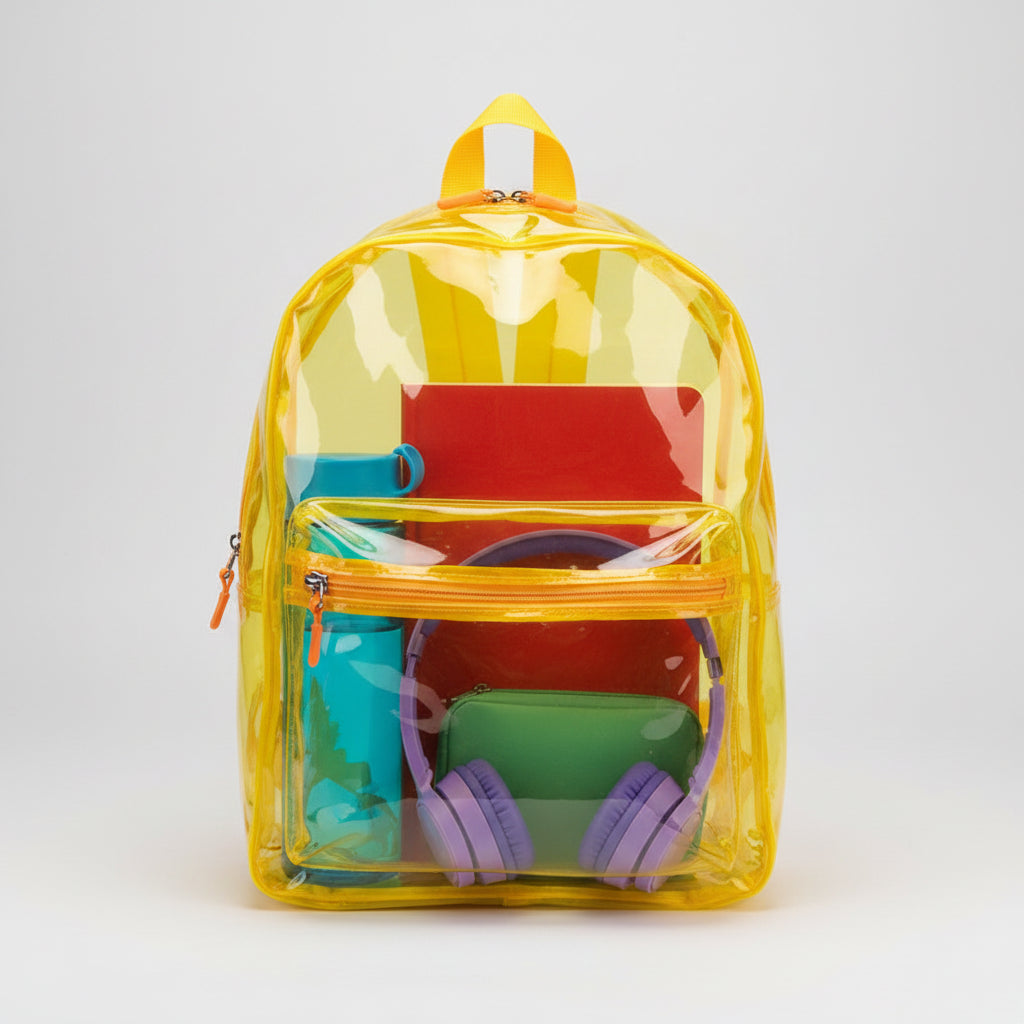 A bright yellow transparent backpack made of clear plastic, featuring a top carry handle, a front zippered pocket, and orange zipper pulls, shown against a plain white background.