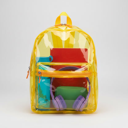 A bright yellow transparent backpack made of clear plastic, featuring a top carry handle, a front zippered pocket, and orange zipper pulls, shown against a plain white background.