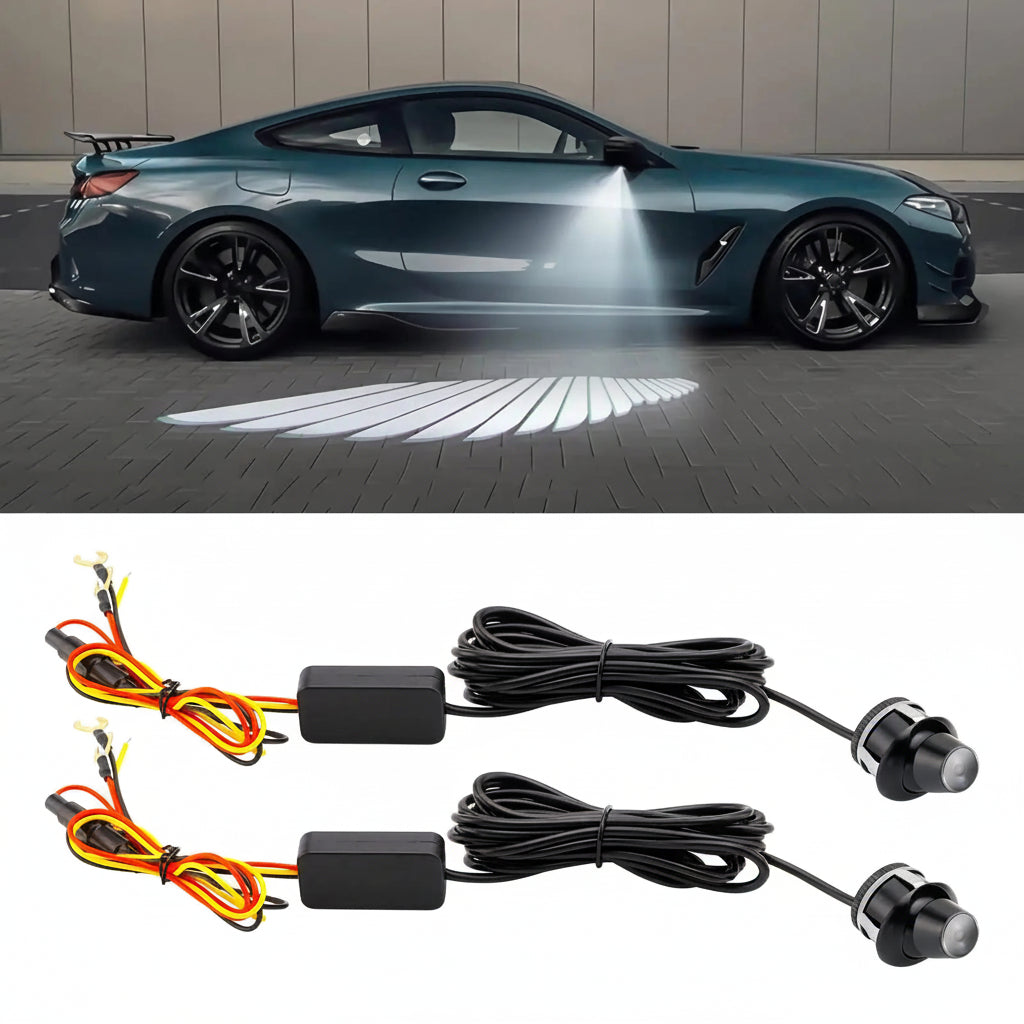 A car side-mounted projector light system shown in two views: a dark teal sports coupe with the projected light beam turned on, and two separate projector units with wiring harnesses below on a white background.