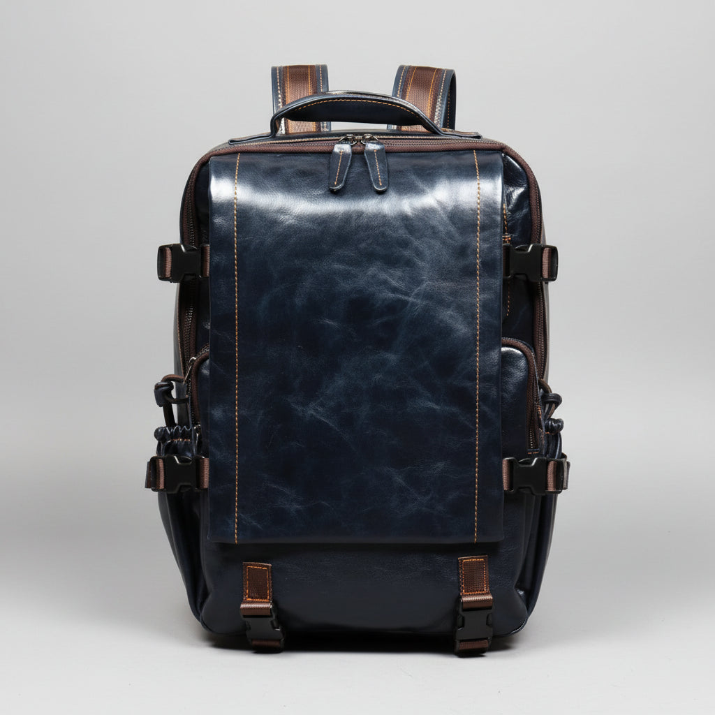 A dark navy blue distressed leather backpack with brown leather accents, zippers, and straps, shown from the back on a wooden surface against a textured brown background.