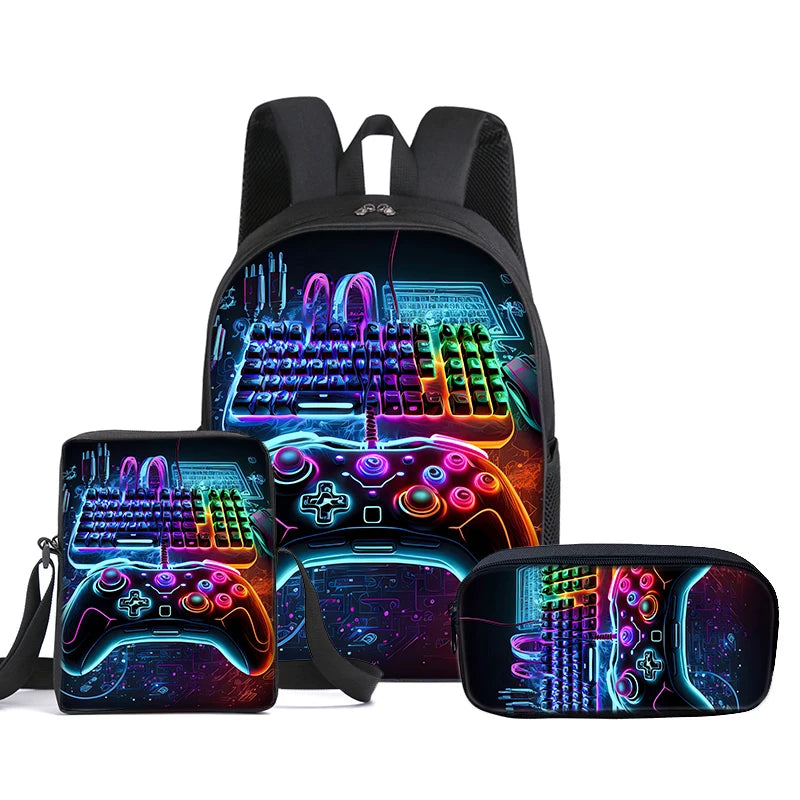 A gaming-themed backpack set with matching accessories, including a backpack, a small pouch, a wristlet strap, and a pencil case, all featuring a vibrant neon video game controller and keyboard graphic on a dark background.