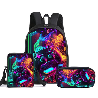 A gaming-themed backpack set with matching pouches, featuring a vibrant neon digital art print of a video game controller in black, purple, blue, and orange on a white background.