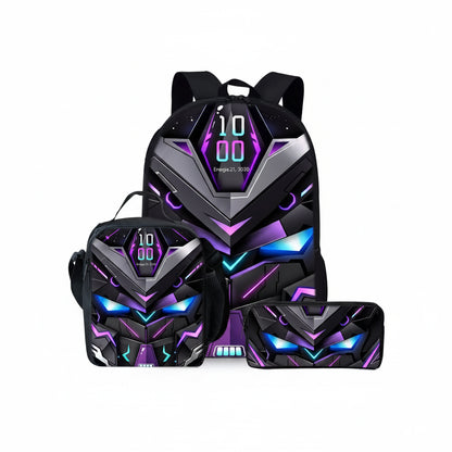 A gaming-themed school bag set featuring a backpack, a small shoulder bag, and a pencil case, all printed with a futuristic black, purple, and blue robot face design.