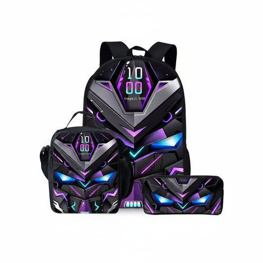 A gaming-themed school bag set featuring a backpack, a small shoulder bag, and a pencil case, all printed with a futuristic black, purple, and blue robot face design.