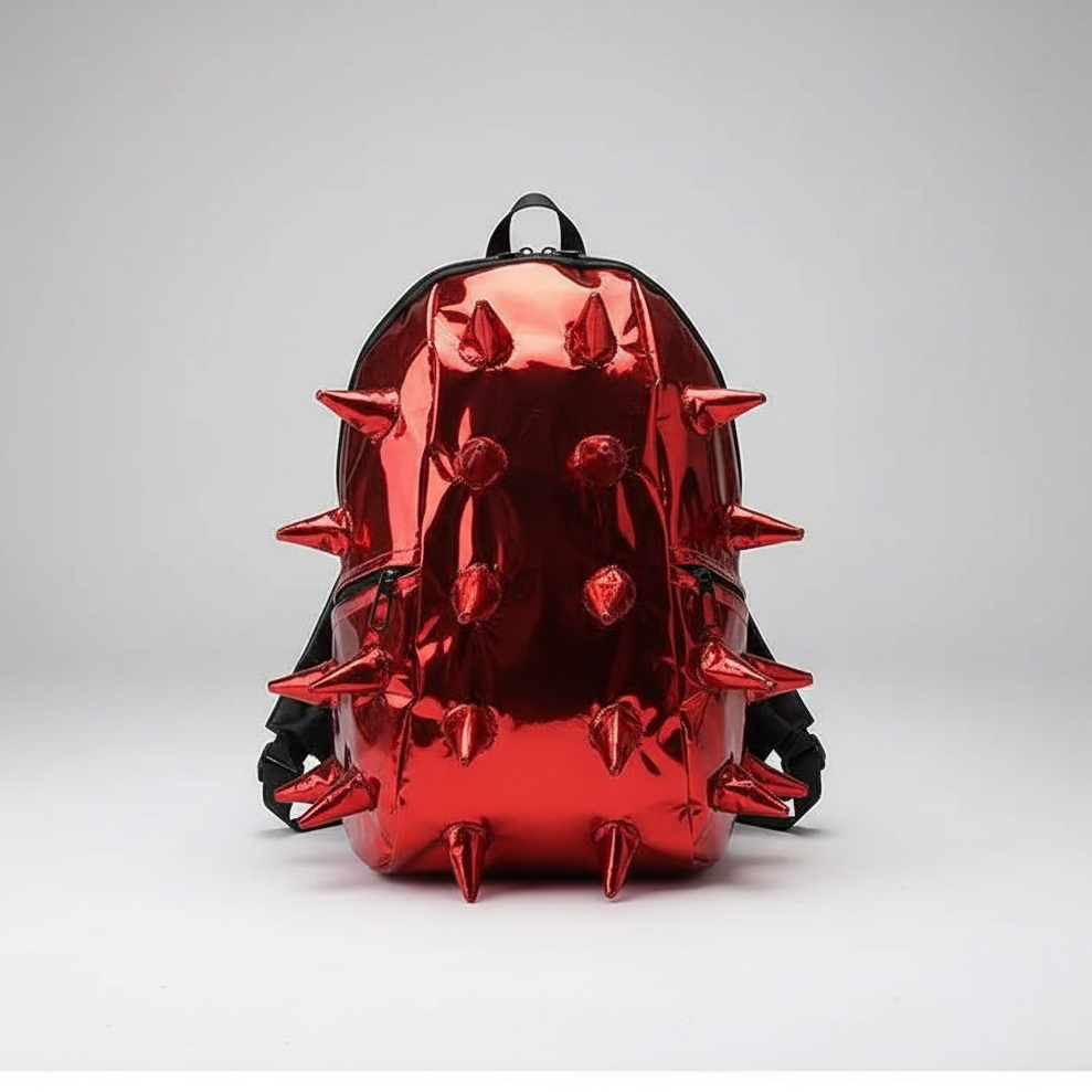 A glossy red backpack covered in sharp metallic spikes, resting on a black book against a light beige wall.