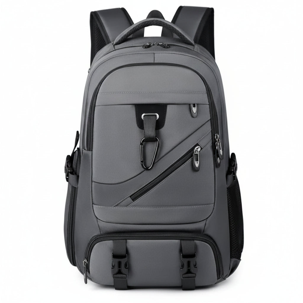 A gray and black multi-compartment backpack with padded shoulder straps, side pockets, and a top carry handle, shown on a plain white background.