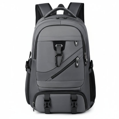 A gray and black multi-compartment backpack with padded shoulder straps, side pockets, and a top carry handle, shown on a plain white background.