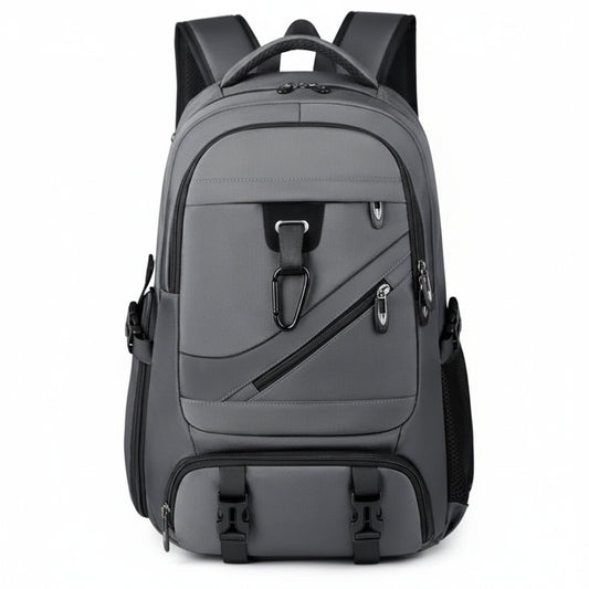 A gray and black multi-compartment backpack with padded shoulder straps, side pockets, and a top carry handle, shown on a plain white background.