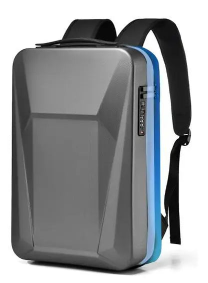 A gray hard-shell laptop backpack with black straps, a blue side accent, and a digital combination lock on the side, shown on a white background.