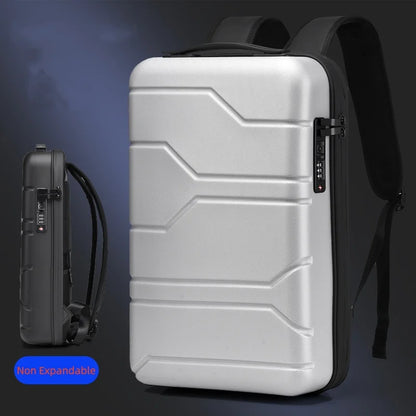 A hard-shell backpack suitcase shown from the front and side on a dark blue gradient background. The main view shows a metallic silver front with black sides, straps, and zipper area, plus a small side inset of the suitcase closed.