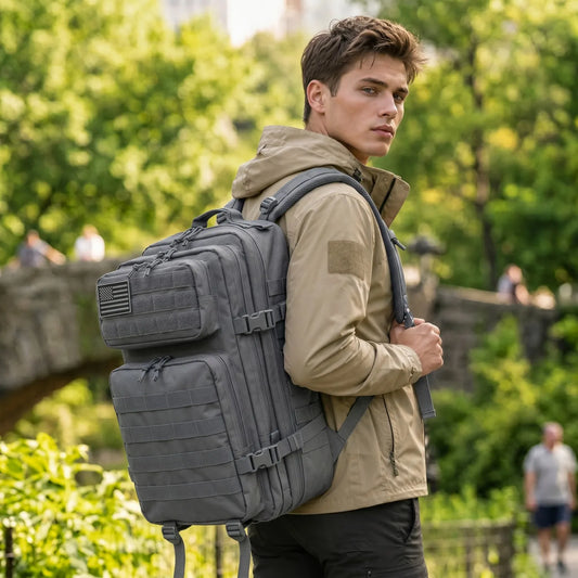 A man wearing a tan hooded jacket and black pants carries a large gray tactical backpack with multiple zippered compartments and webbing straps, photographed outdoors in a park-like setting with blurred greenery and stone structures in the background.
