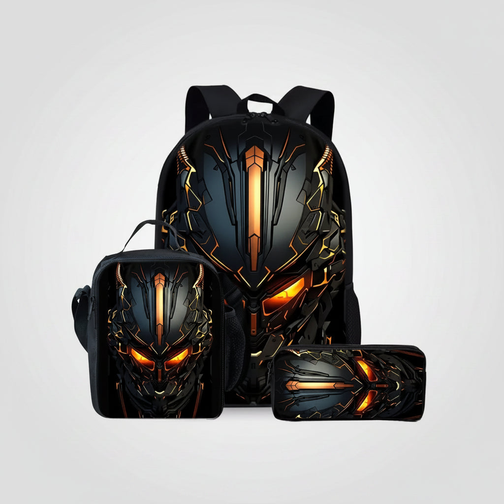 A matching backpack, lunch bag, and pencil case set with a dark sci-fi helmet design featuring glowing orange eyes and gold accents, shown on a plain white background.