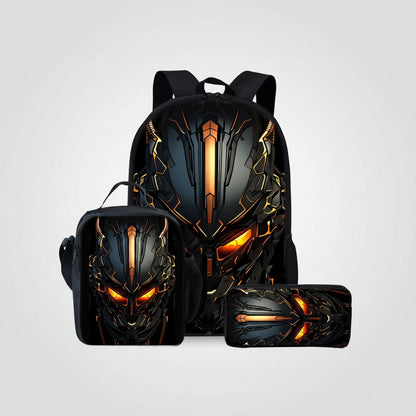 A matching backpack, lunch bag, and pencil case set with a dark sci-fi helmet design featuring glowing orange eyes and gold accents, shown on a plain white background.