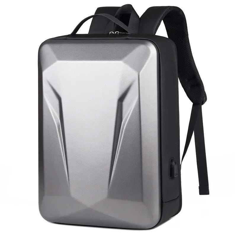 A modern gray and black laptop backpack with a geometric, angular front panel, shown on a plain white background.
