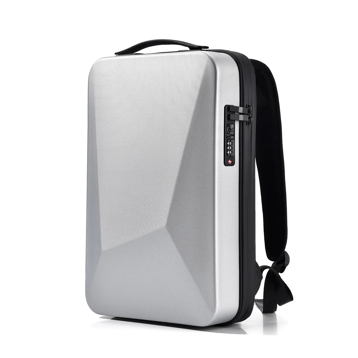 A silver hard-shell laptop suitcase with black trim, a top handle, and a side digital combination lock, shown on a white background.