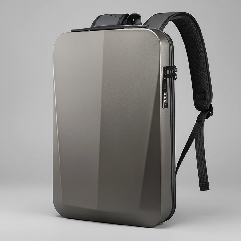 A sleek, metallic gray laptop backpack with a built-in laptop sleeve, shown on a dark studio background. The backpack features a matte metallic finish, a built-in laptop compartment, a combination lock, and padded black shoulder straps.