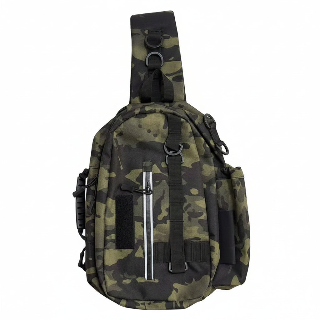 A tactical-style single-strap sling backpack in a green and black camouflage pattern, featuring a front vertical zipper with a silver metal pull, black webbing straps, and a side pocket, shown against a plain white background.