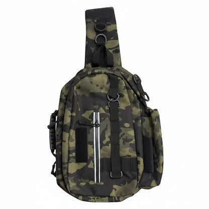 A tactical-style single-strap sling backpack in a green and black camouflage pattern, featuring a front vertical zipper with a silver metal pull, black webbing straps, and a side pocket, shown against a plain white background.