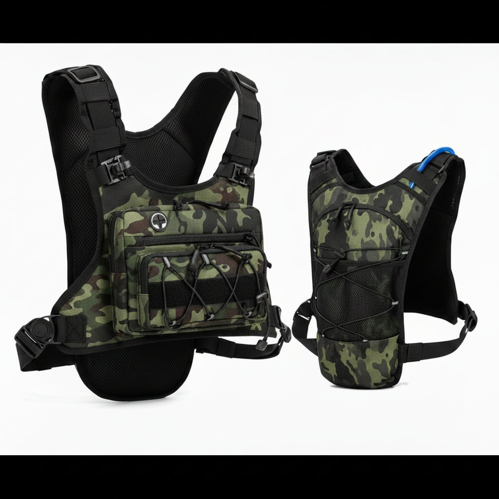 A tactical hydration vest shown from the front and side on a plain white background. The vest features a green and black camouflage pattern on the front panel and hip belt, with solid black mesh and nylon straps, buckles, and padding.