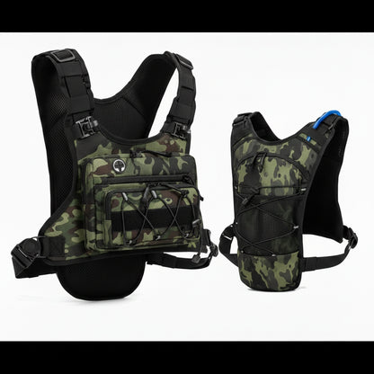 A tactical hydration vest shown from the front and side on a plain white background. The vest features a green and black camouflage pattern on the front panel and hip belt, with solid black mesh and nylon straps, buckles, and padding.