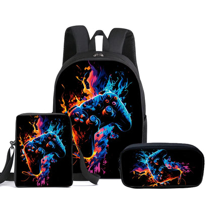 A three-piece gaming accessory set including a backpack, a sleeve, and a pencil case, all featuring a vibrant, fiery neon graphic of a video game controller on a black background.