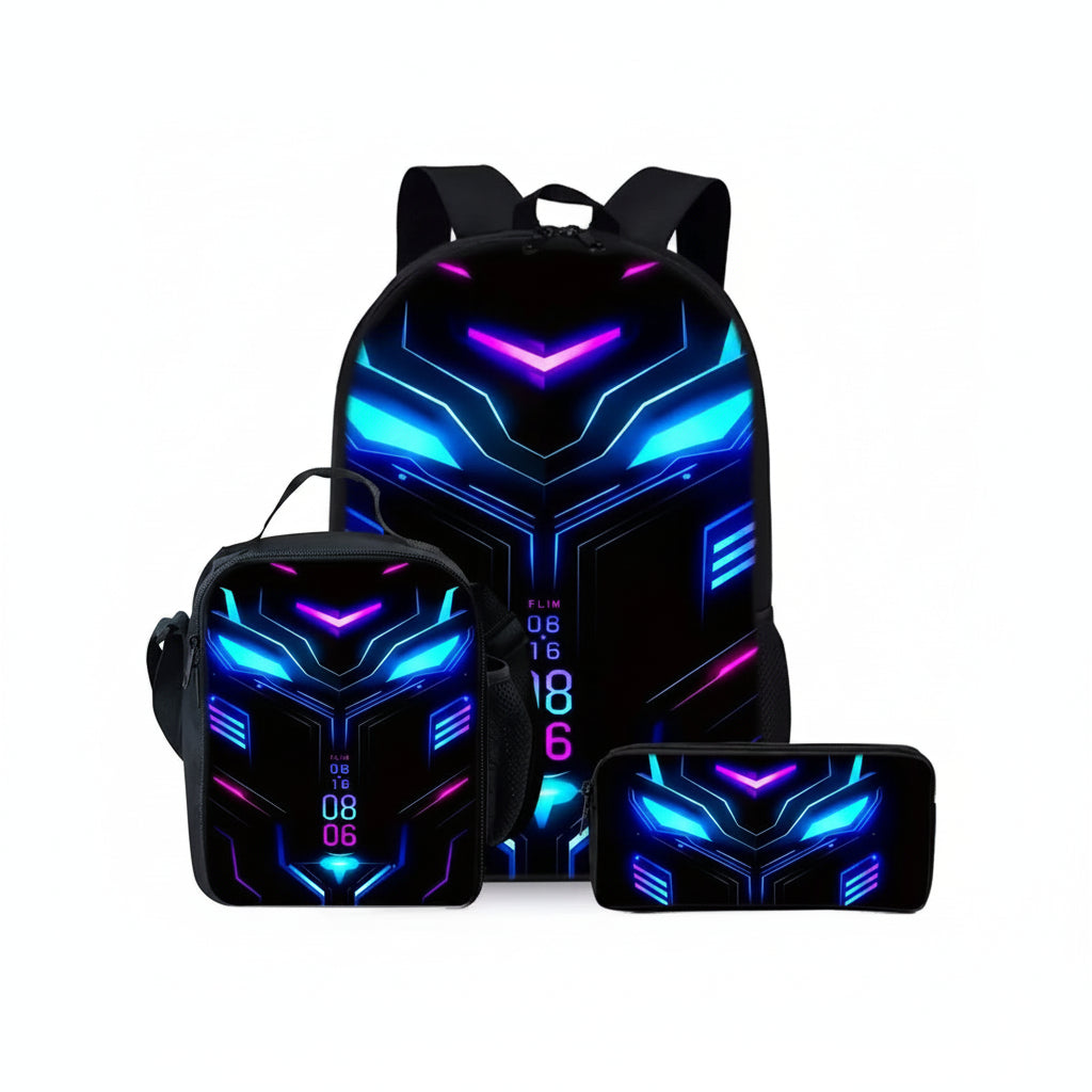A three-piece school backpack set featuring a large backpack, a lunch bag, and a pencil case, all decorated with a glowing neon cyberpunk design in blue, purple, and pink on a black background.