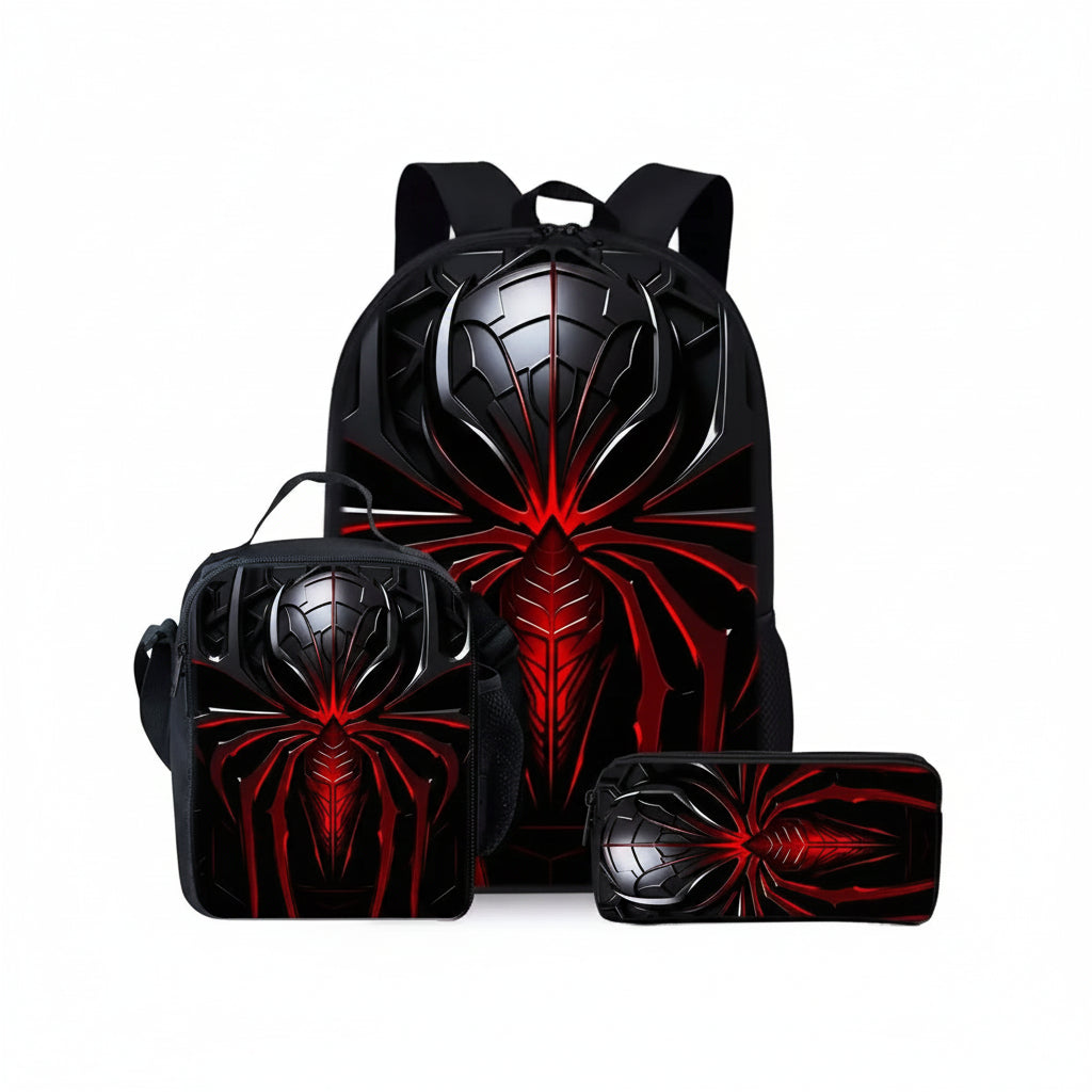 A three-piece school backpack set featuring a large backpack, a lunch bag, and a pencil case, all printed with a black and red spider-themed graphic on a white background.