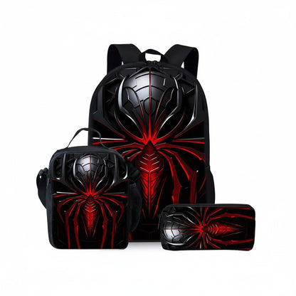 A three-piece school backpack set featuring a large backpack, a lunch bag, and a pencil case, all printed with a black and red spider-themed graphic on a white background.