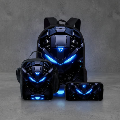 A three-piece school backpack set featuring a large backpack, a lunch bag, and a pencil case, all printed with a futuristic black and blue robot face design on a white background.