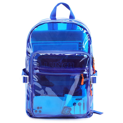 A translucent blue backpack made of shiny, glossy plastic, shown against a plain white background. The backpack features a top handle, side straps, and a front pocket with 'LUNCH' printed on it.