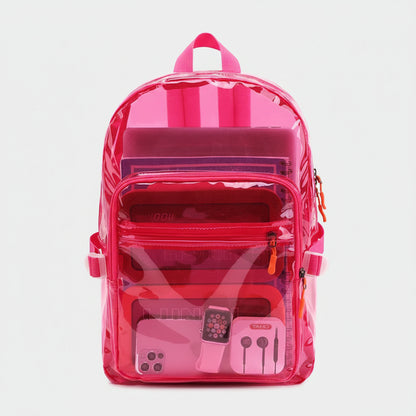 A translucent hot pink backpack shown front-facing on a plain white background, with its front zip pocket open to reveal pink accessories inside.