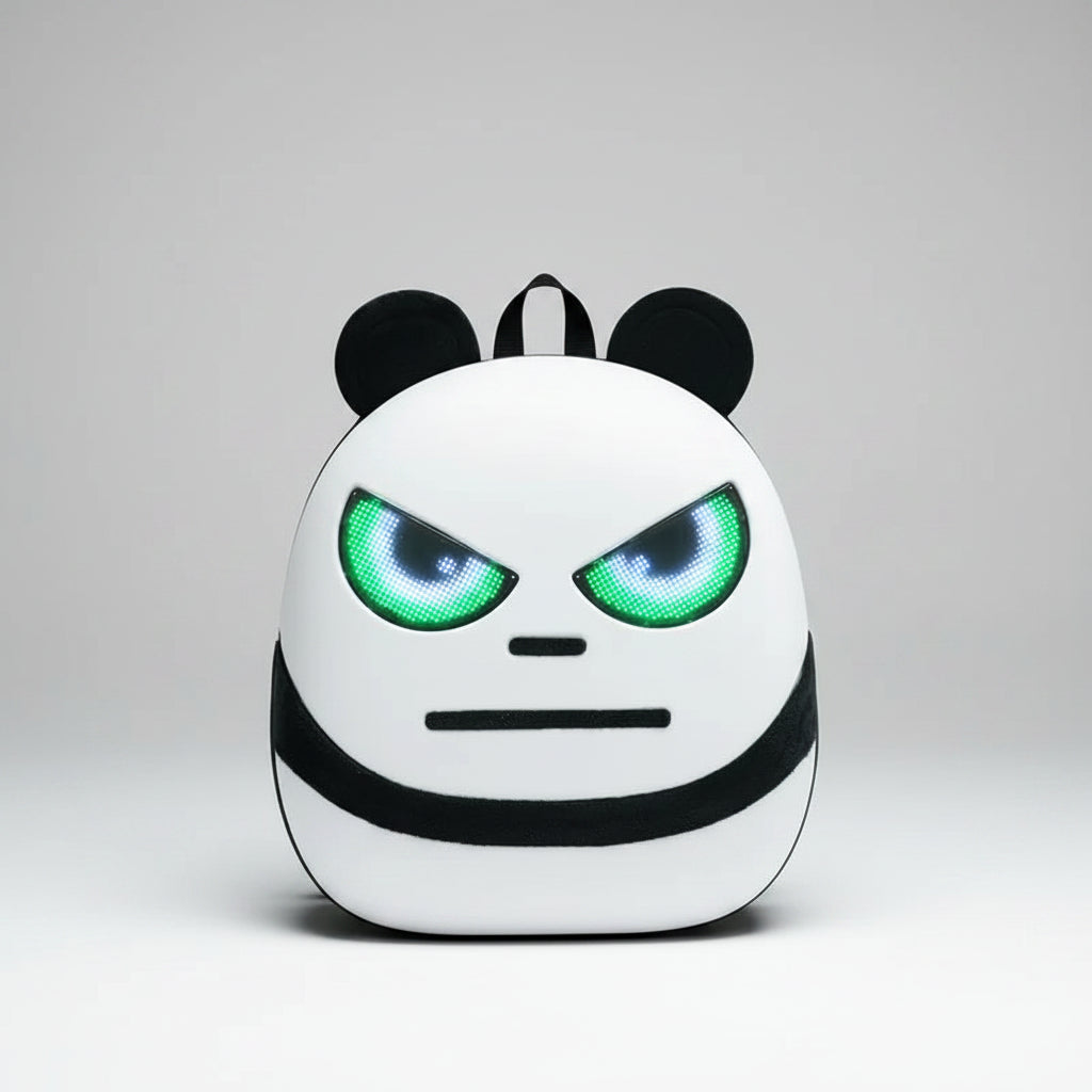 A white and black panda-face backpack with glowing green LED eyes, shown against a plain white background.