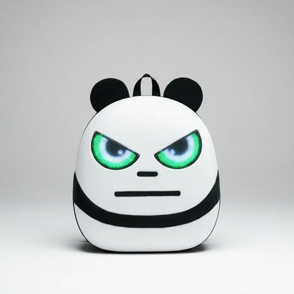 A white and black panda-face backpack with glowing green LED eyes, shown against a plain white background.