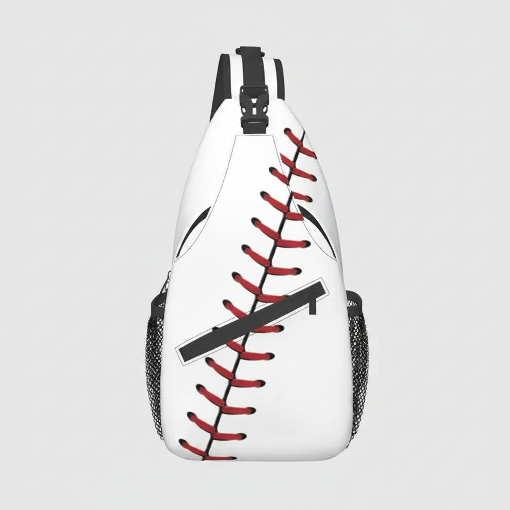 A white sling backpack designed to look like a baseball glove, featuring red baseball-style stitching, black side mesh pockets, and black shoulder straps with a buckle.