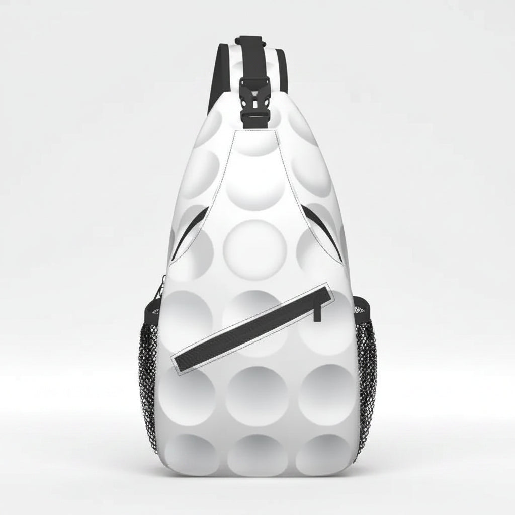 A white sling backpack with a black and white golf ball pattern, featuring black mesh side pockets and a black zipper detail.
