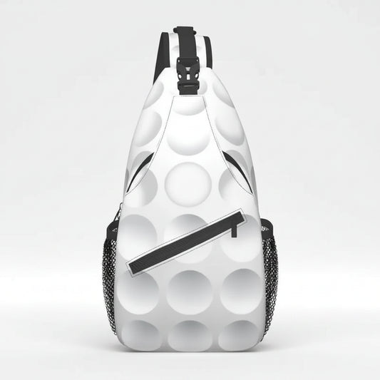 A white sling backpack with a black and white golf ball pattern, featuring black mesh side pockets and a black zipper detail.