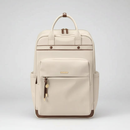 An off-white backpack with brown trim and gold-tone hardware, featuring a top handle, side pockets, and a front zippered compartment.