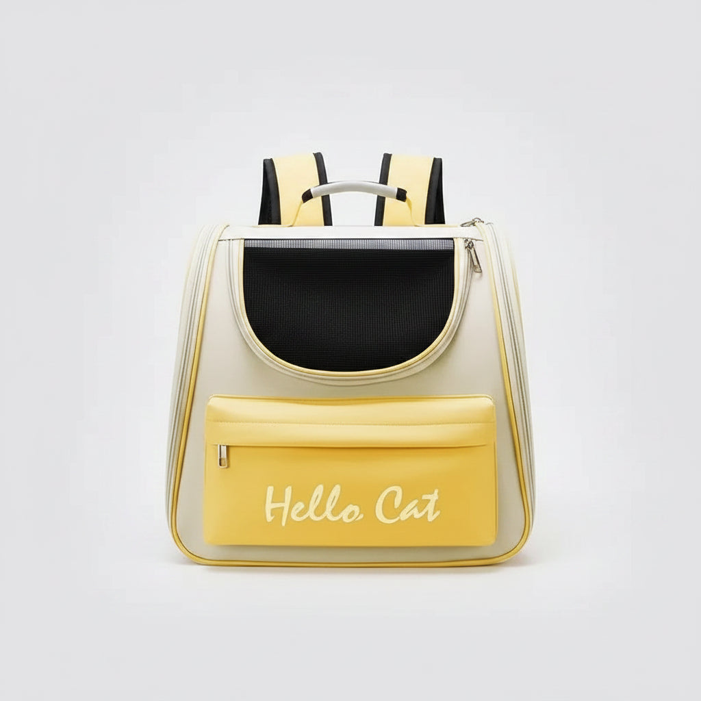 Backpack with yellow front pocket and 'Hello Cat' text on a white background
