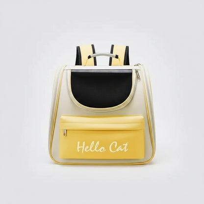 Backpack with yellow front pocket and 'Hello Cat' text on a white background
