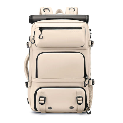 Beige backpack with black accents on a white background