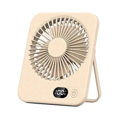 Beige portable fan with digital display on a white background